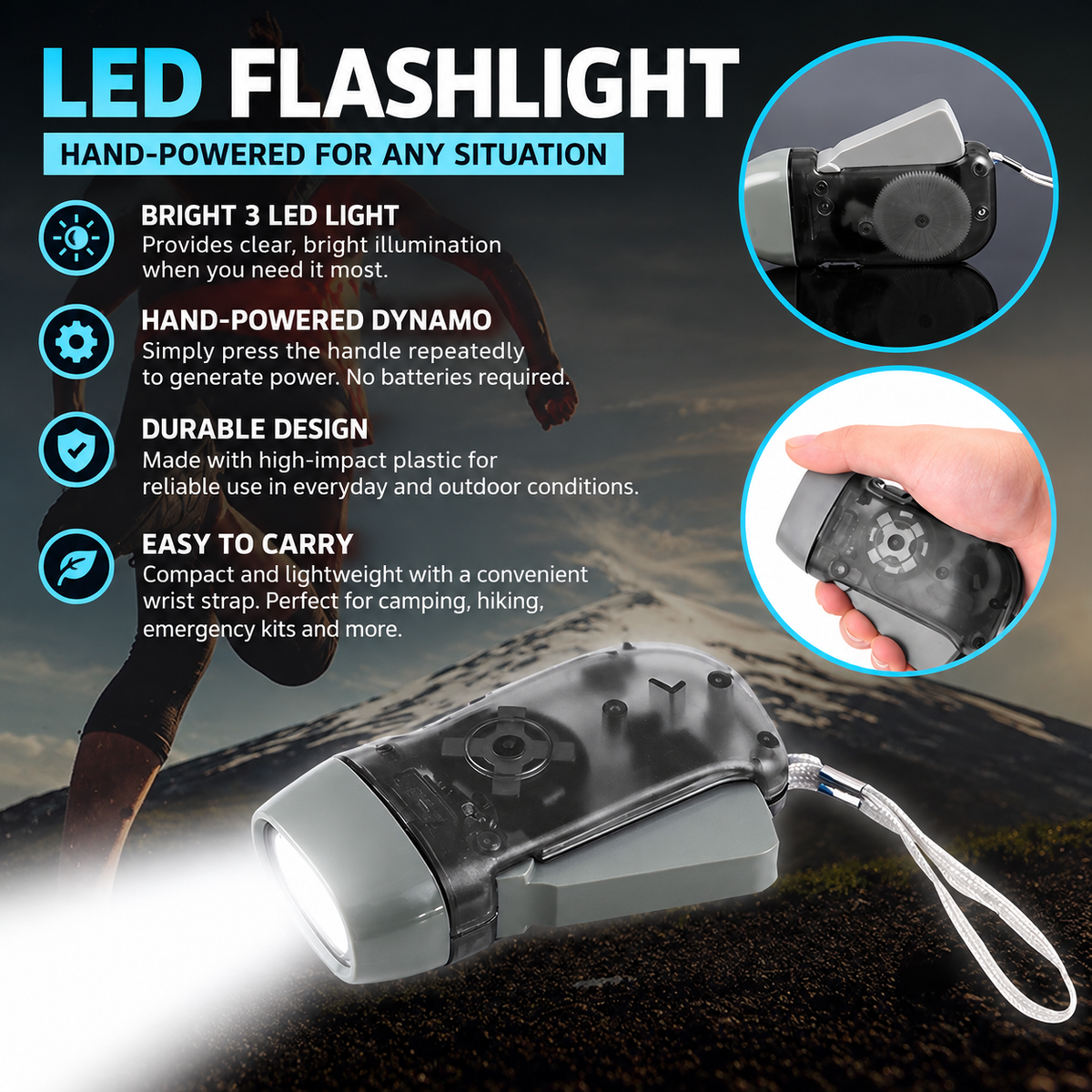 3 LED Hand-Powered Dynamo Flashlight for Emergency Kits