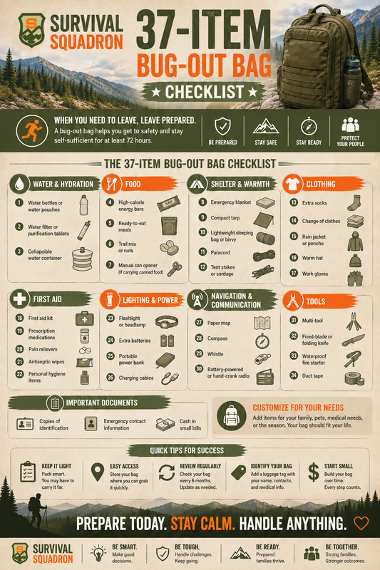37-item bug-out bag checklist covering water, food, shelter, first aid, clothing, tools, communication, power, and documents.