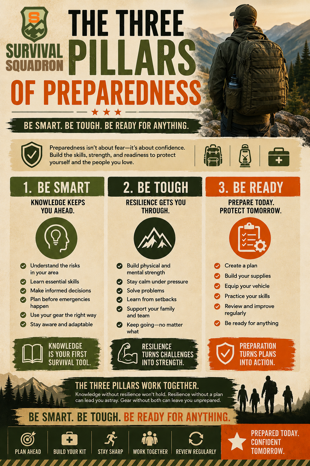 Infographic detailing the three pillars of preparedness: Smart, Tough, and Ready for Anything.