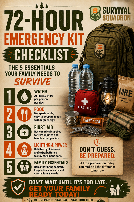 72-hour emergency kit checklist showing water, food, first aid, lighting, power, and family essentials for emergency preparedness.