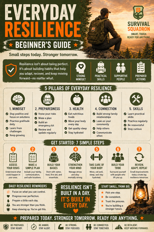 Everyday resilience infographic covering mindset, preparedness, health, connection, skills, and seven steps for building resilience.