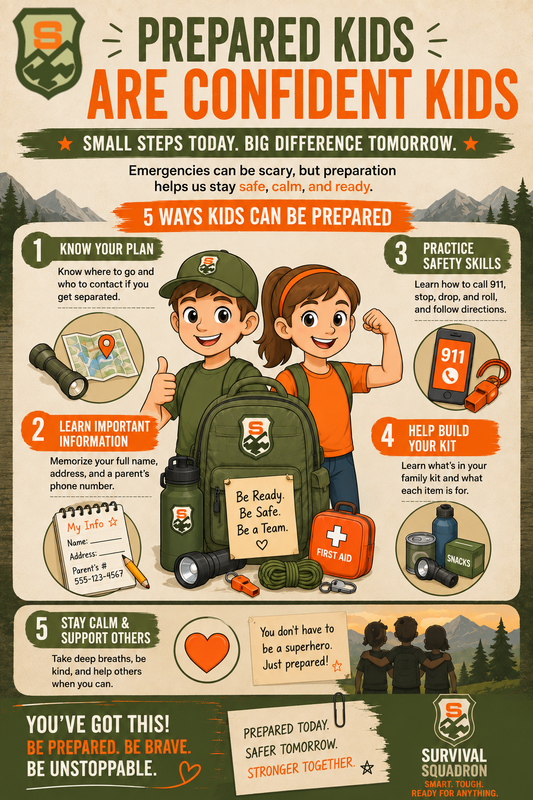 Prepared kids infographic showing five ways children can build confidence and learn practical family emergency preparedness skills.