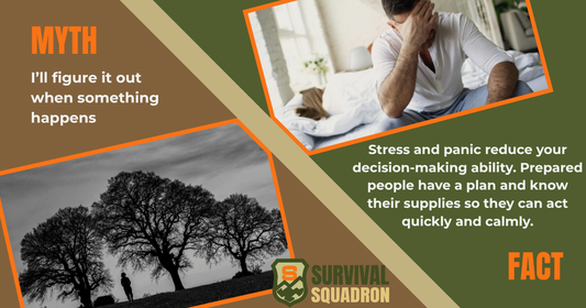 Emergency preparedness myth vs. fact graphic explaining how planning and organized supplies help families act quickly and calmly during emergencies.