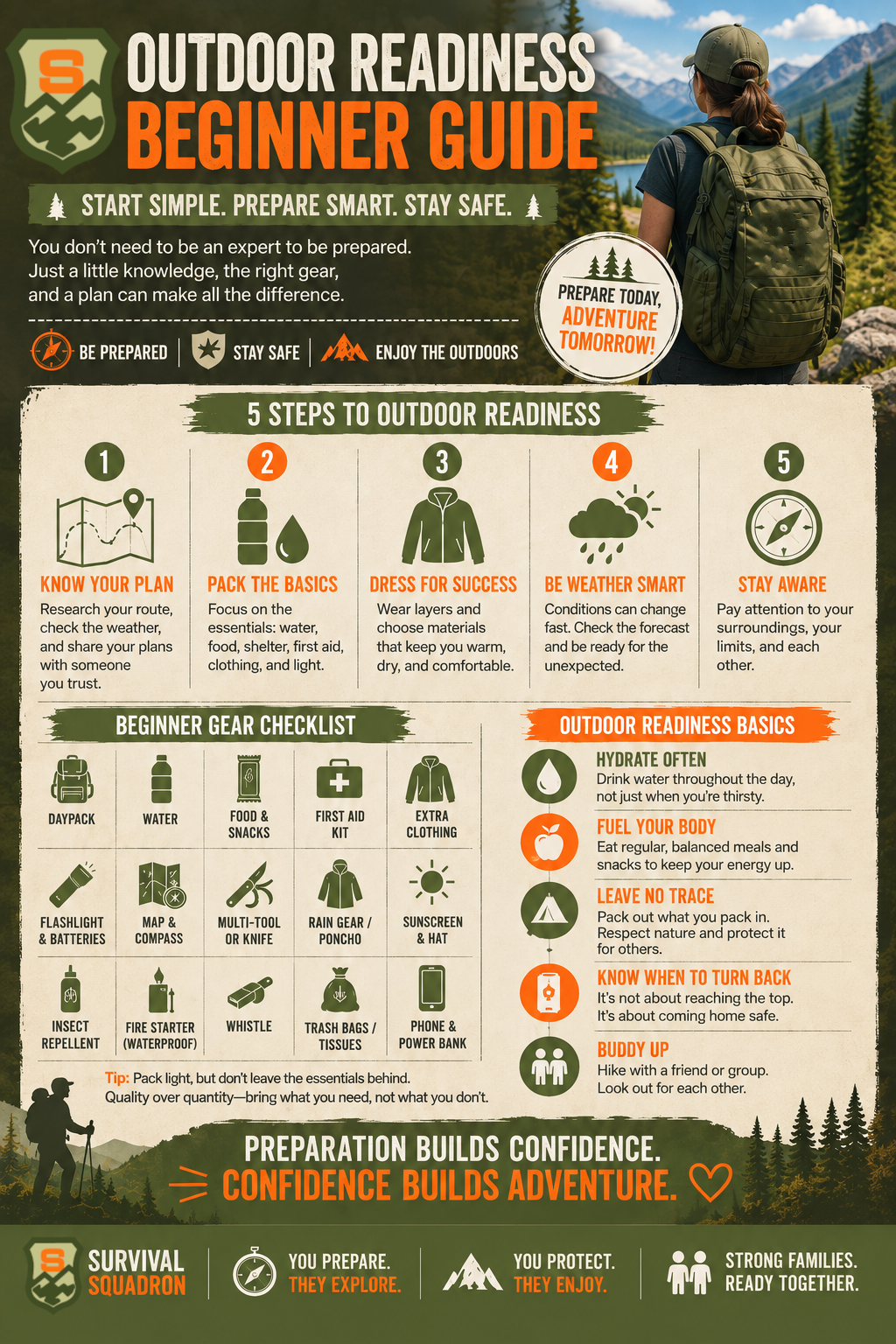 Outdoor readiness infographic with five safety steps, a beginner gear checklist, and practical tips for safer family adventures.