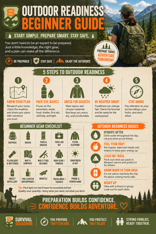 Outdoor readiness infographic with five safety steps, a beginner gear checklist, and practical tips for safer family adventures.