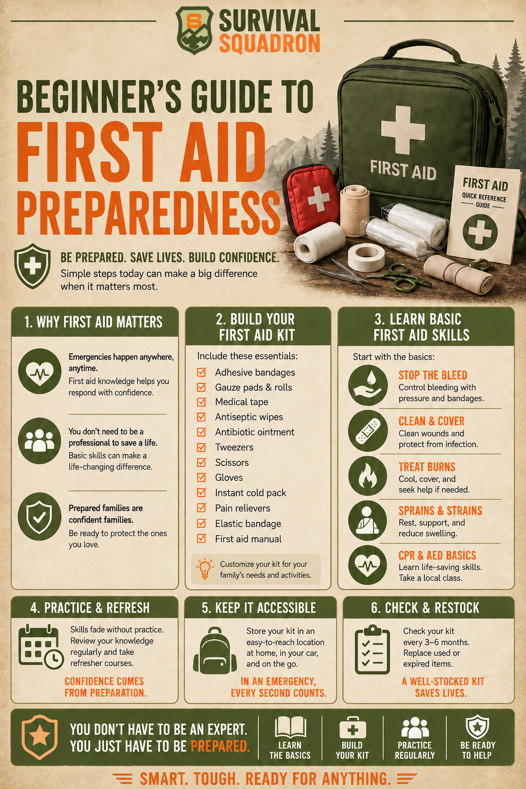 First aid preparedness infographic covering kit essentials, basic skills, practice, accessibility, and restocking for families.