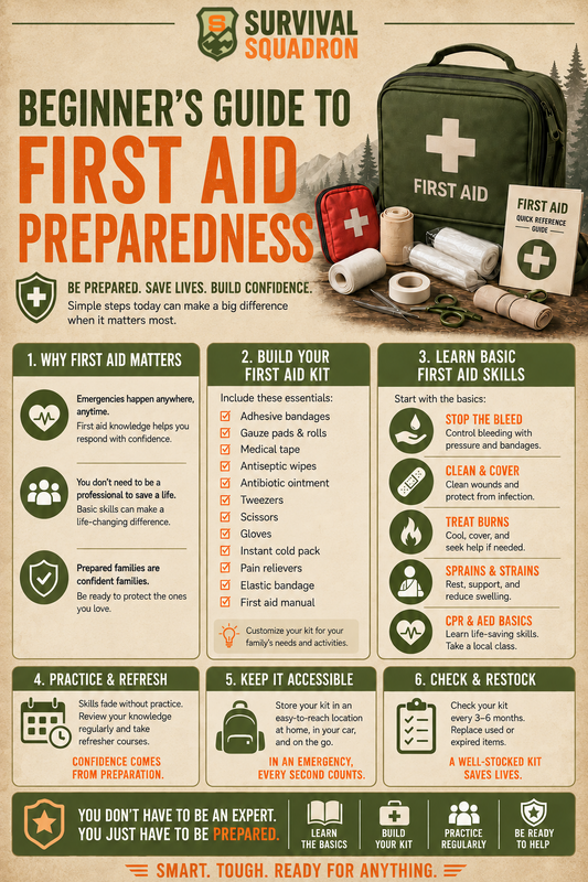 First aid preparedness infographic covering kit essentials, basic skills, practice, accessibility, and restocking for families.