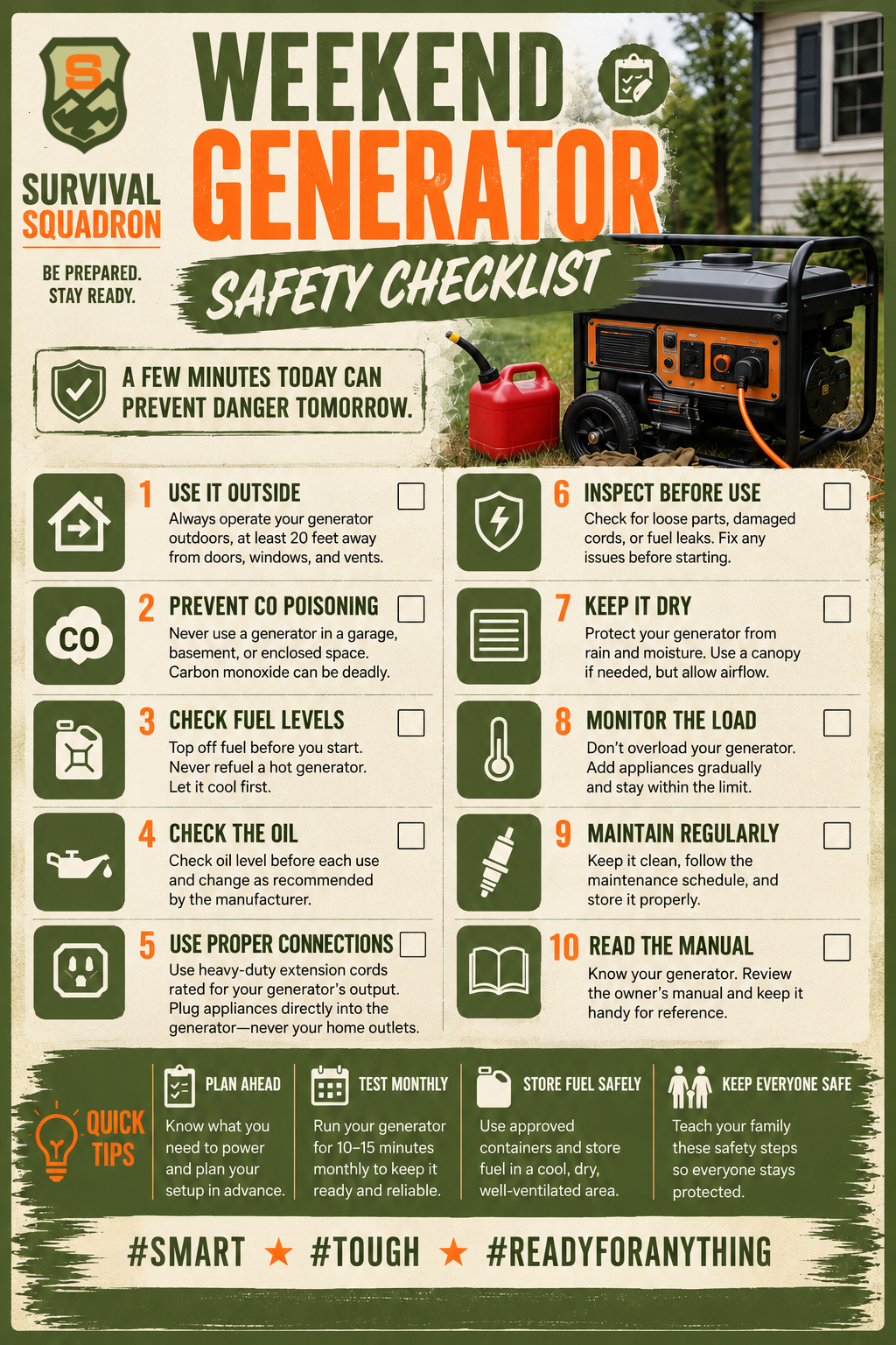 Weekend generator safety checklist covering outdoor use, CO prevention, fuel, connections, inspections, maintenance, and storage.