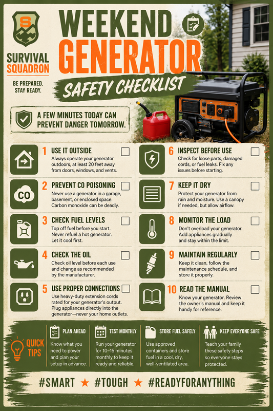 Weekend generator safety checklist covering outdoor use, CO prevention, fuel, connections, inspections, maintenance, and storage.