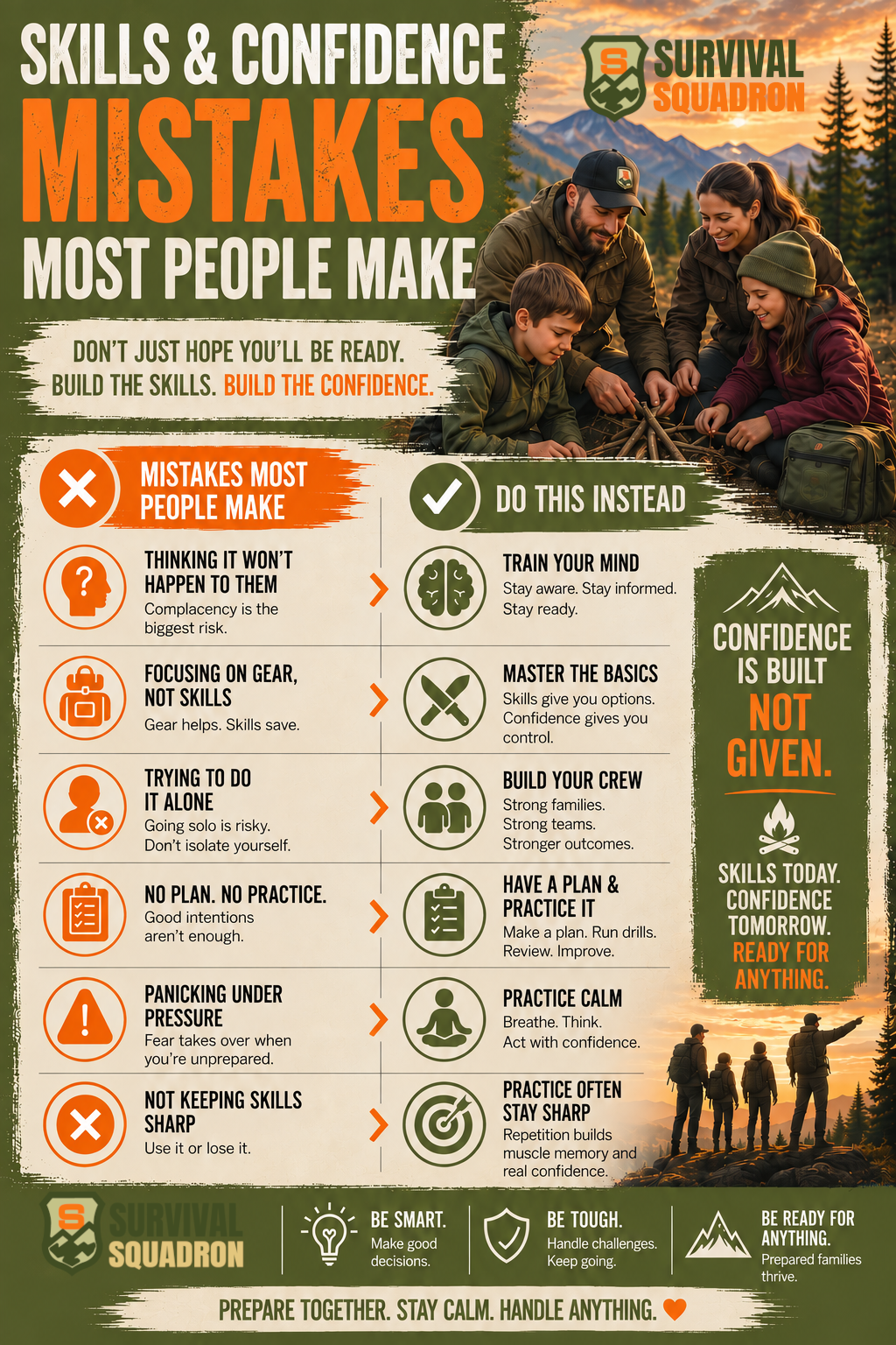 Preparedness mistakes infographic showing six ways families can build practical skills, confidence, teamwork, and emergency readiness.